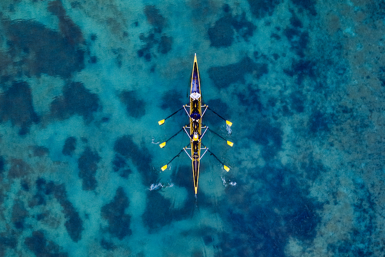 Aerial view of rowing boat on a lake, Germany